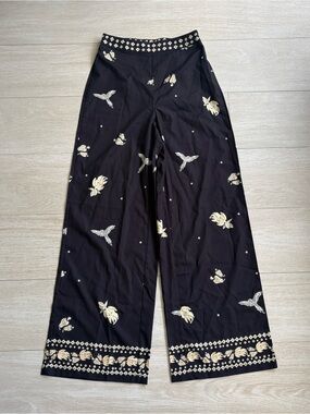Black Wide-Leg Embroidered Floral Trousers